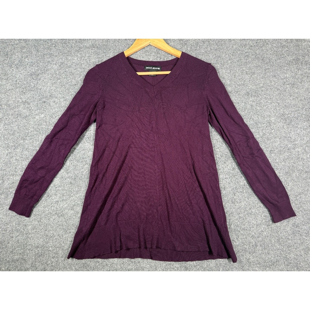 DKNY Jeans Tunic Sweater Womens Small Purple Viscose Ribbed Trim V-Neck Pullover
